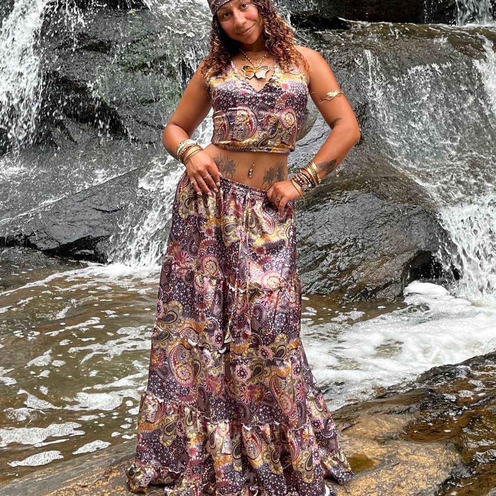 Silky Bohemian Style Tiered Maxi Skirt, Top and Scarf Set- Small Size